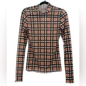 Jess Lea Sheer Plaid Perspective Mock Neck Mesh Top Layering Shirt Quiet Luxury